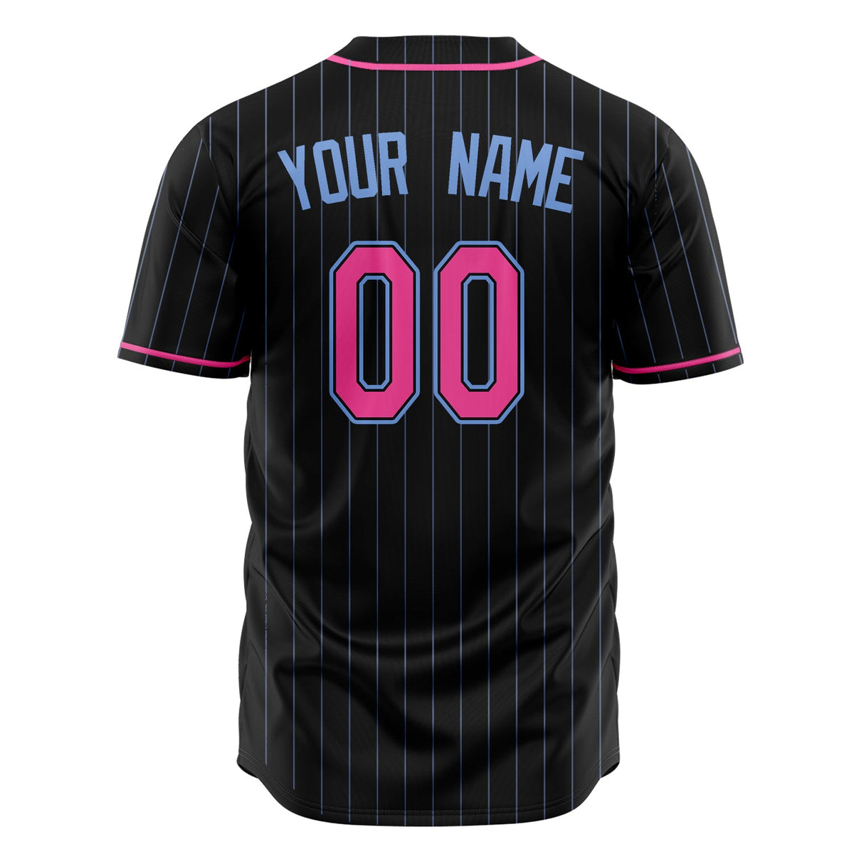 Custom Black Baseball Jersey (With Pink Light Blue Pinstripe)