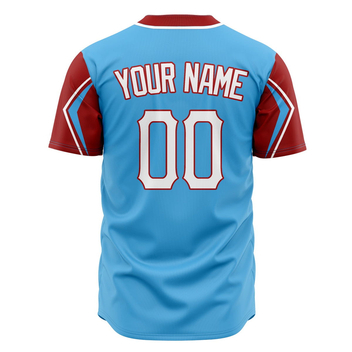 Custom Sky Blue Baseball Jersey (With Red 3 Color Arm Shapes)