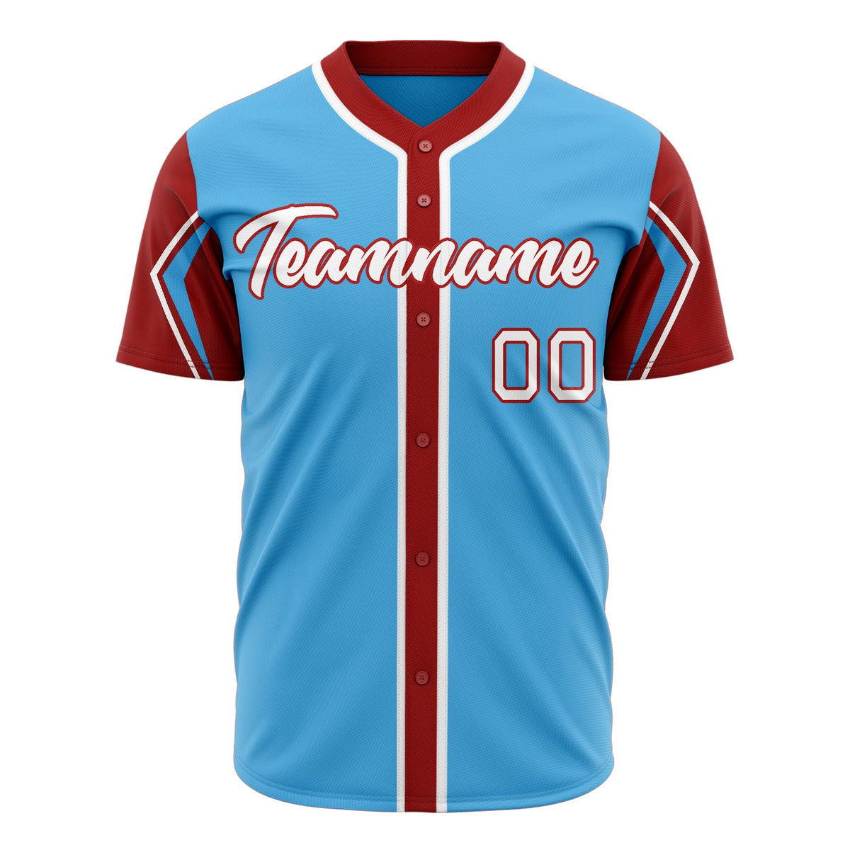 Custom Sky Blue Baseball Jersey (With Red 3 Color Arm Shapes)