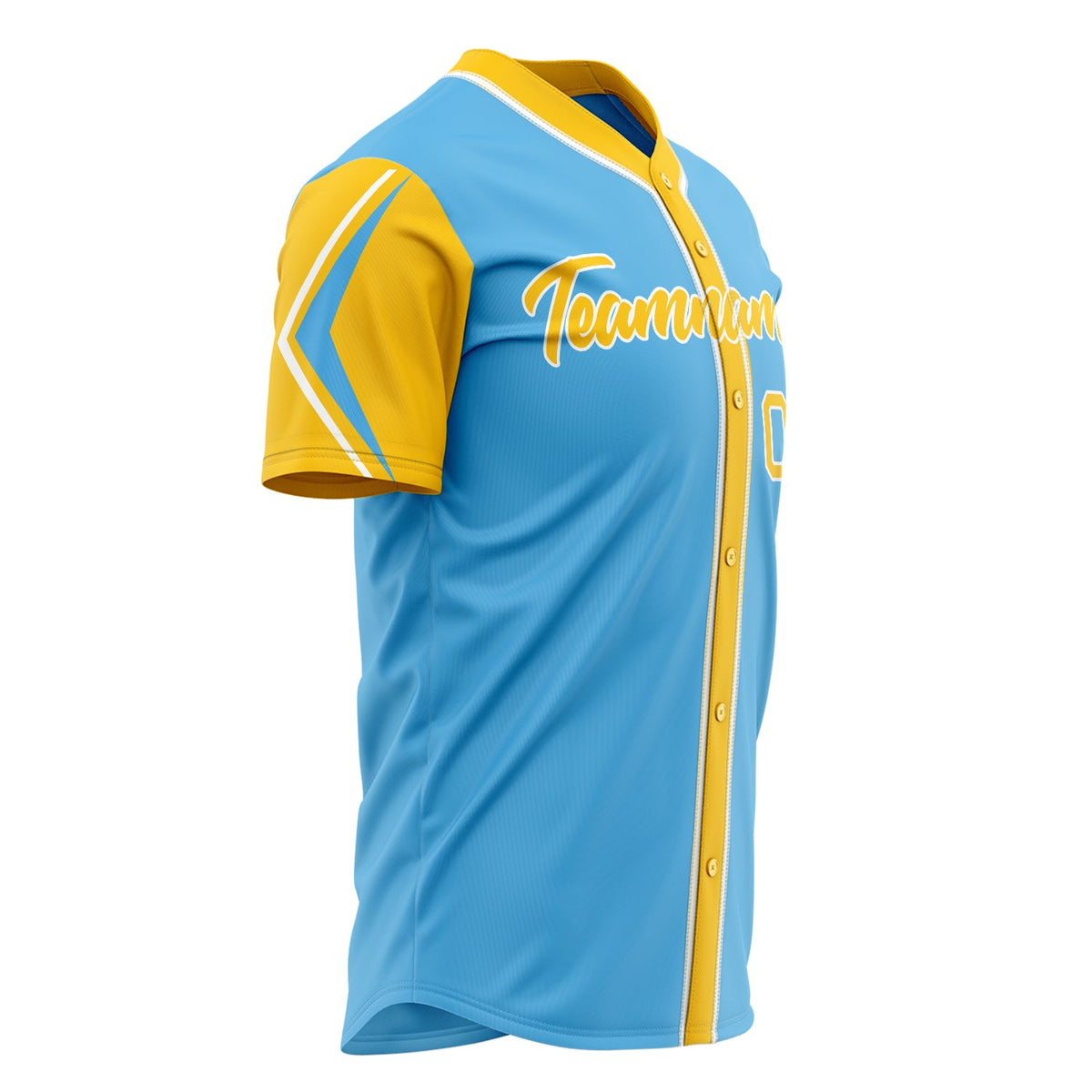 Custom Sky Blue Baseball Jersey (With Yellow 3 Color Arm Shapes)