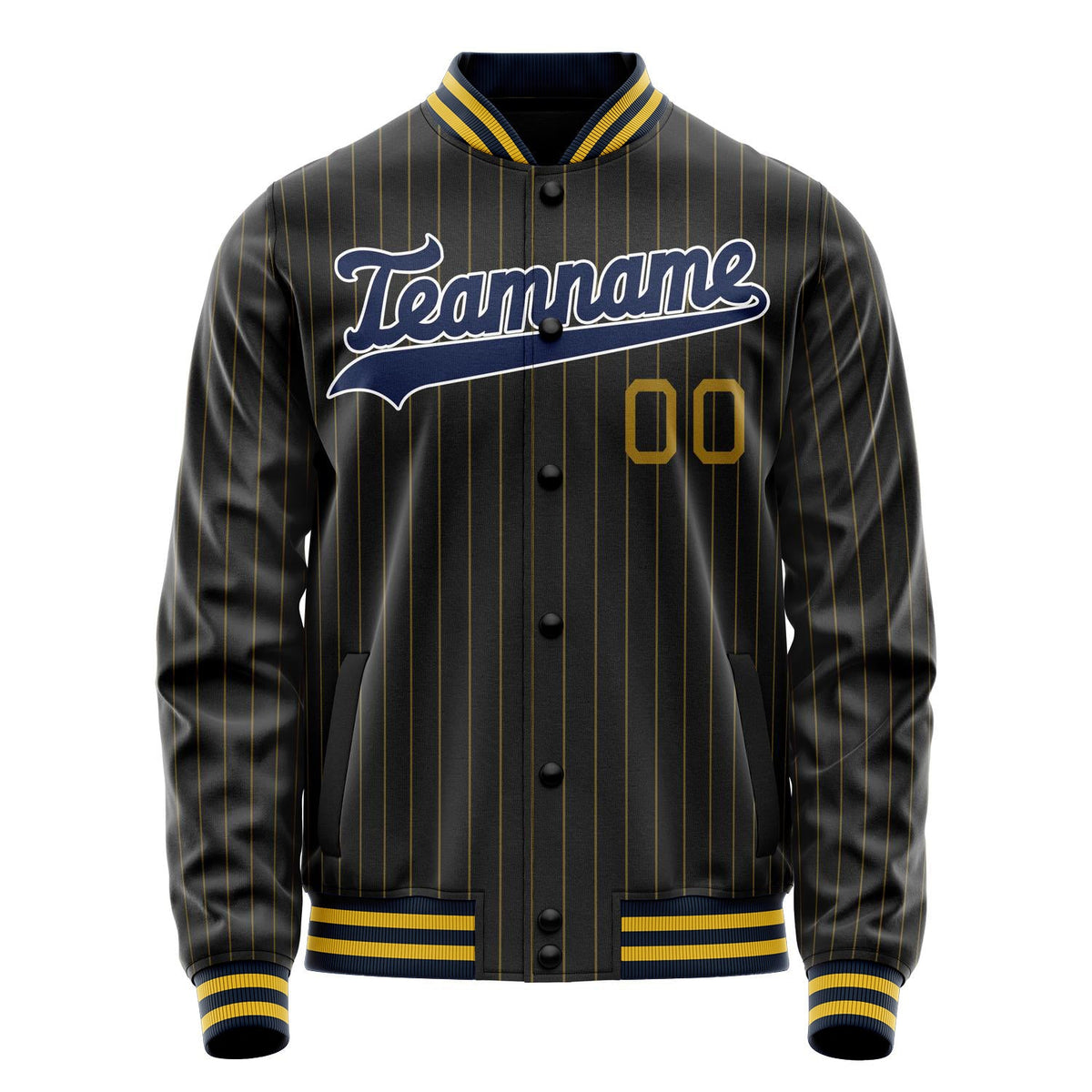 Custom Black Royal Old Gold Pinstripe Varsity Letterman Jacket JA02240617HF033