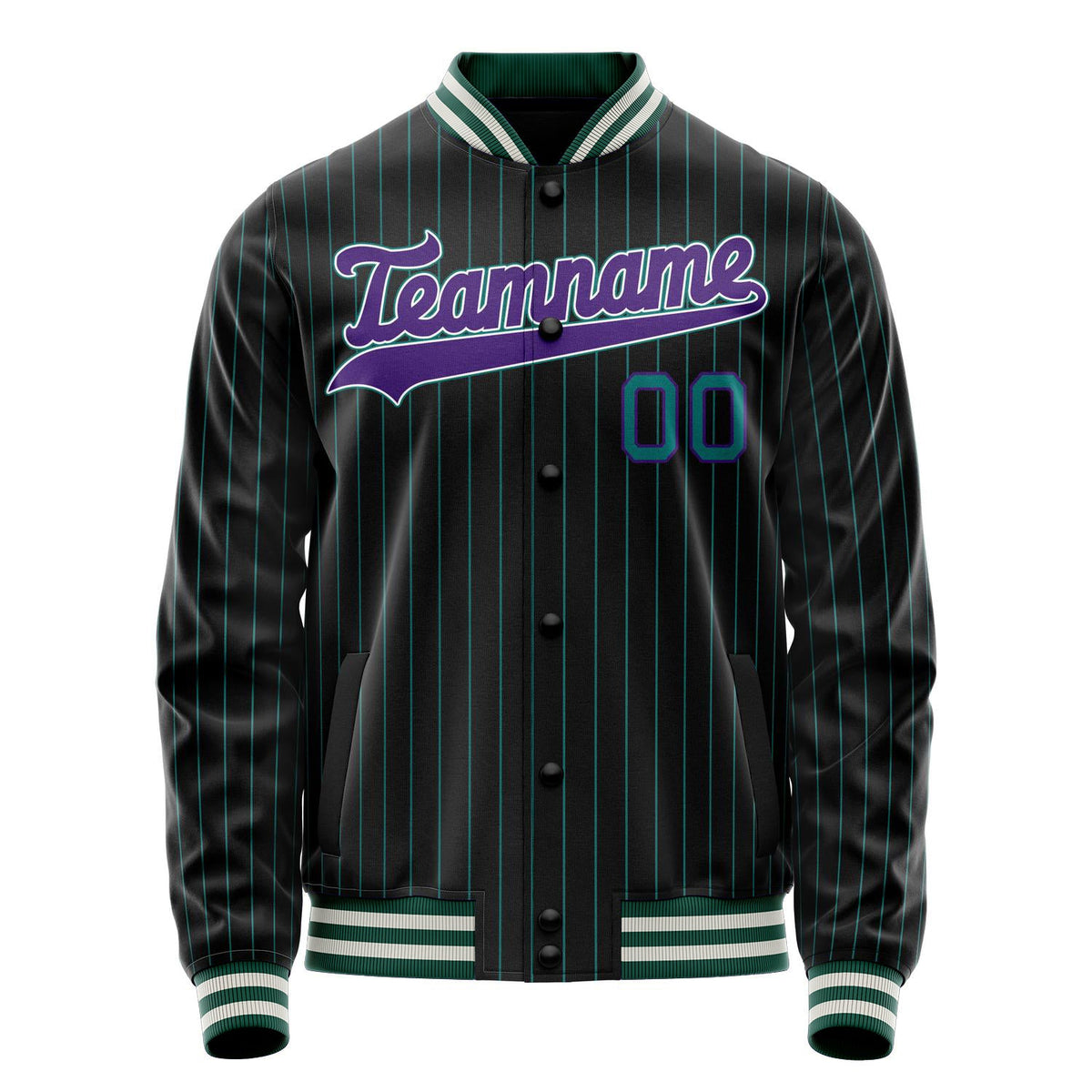 Custom Black Purple Teal Pinstripe Varsity Letterman Jacket JA02240617HF042