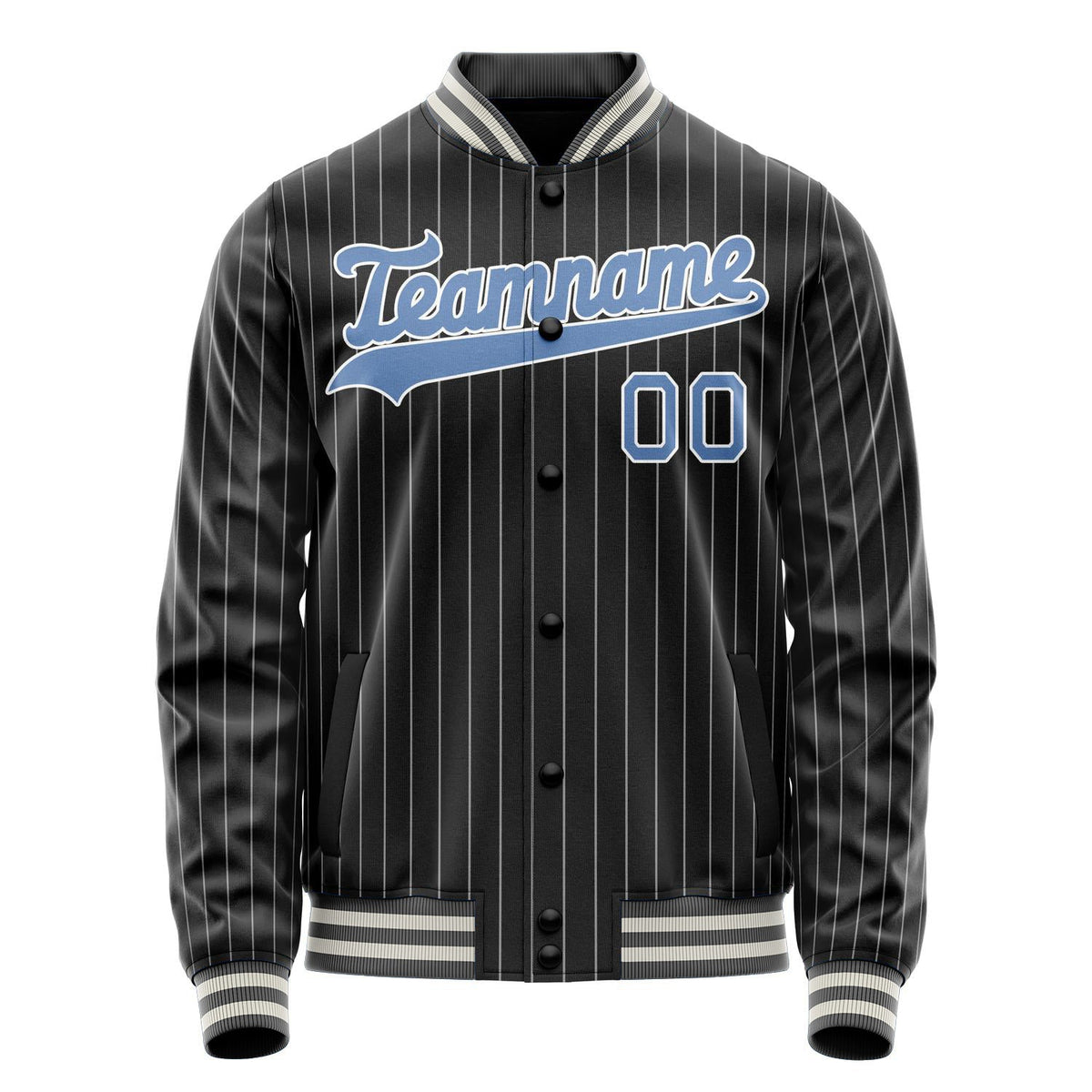 Custom Black Light-Blue Gray Pinstripe Varsity Letterman Jacket JA02240617HF046