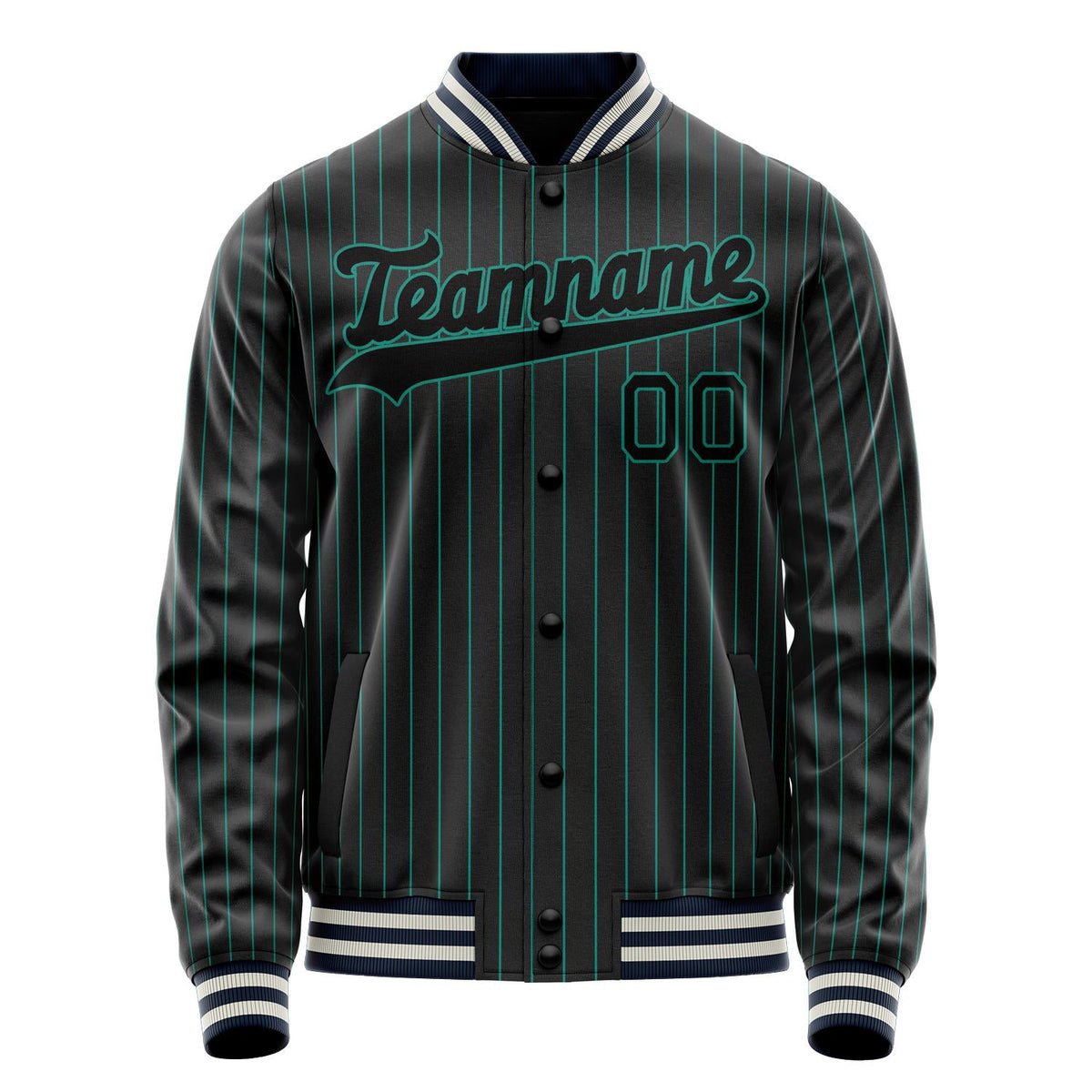 Custom Black Teal Teal Pinstripe Varsity Letterman Jacket JA02240617HF051