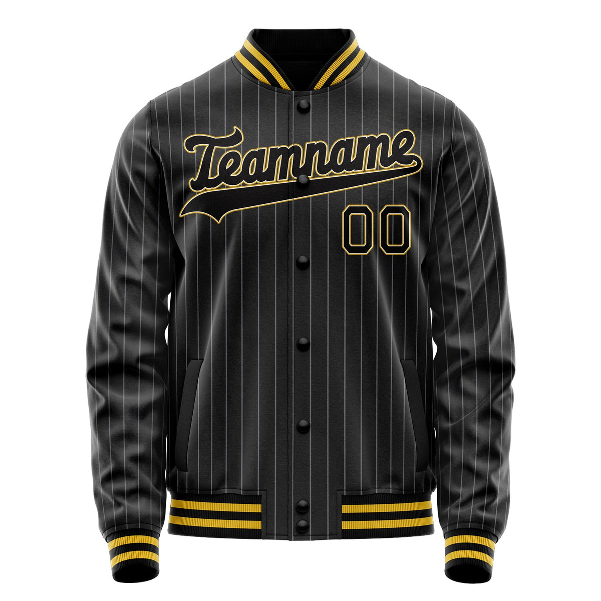 Custom Black Gold Gray Pinstripe Varsity Letterman Jacket JA02240617HF054