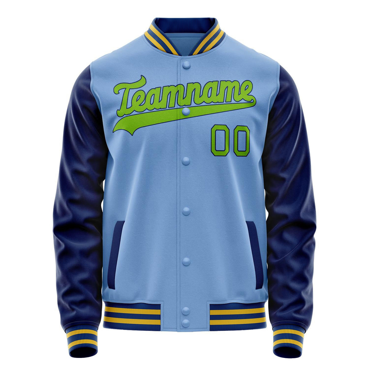 Custom Light-Blue Neon-Green Solid Color Varsity Letterman Jacket JA02240617JC259