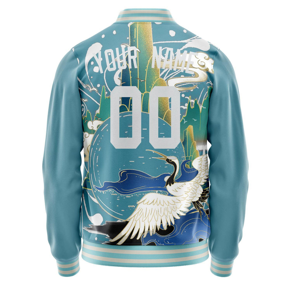 Custom Light-Blue White Heron And Cloud 3D Pattern Varsity Letterman Jacket JA02240617JC263