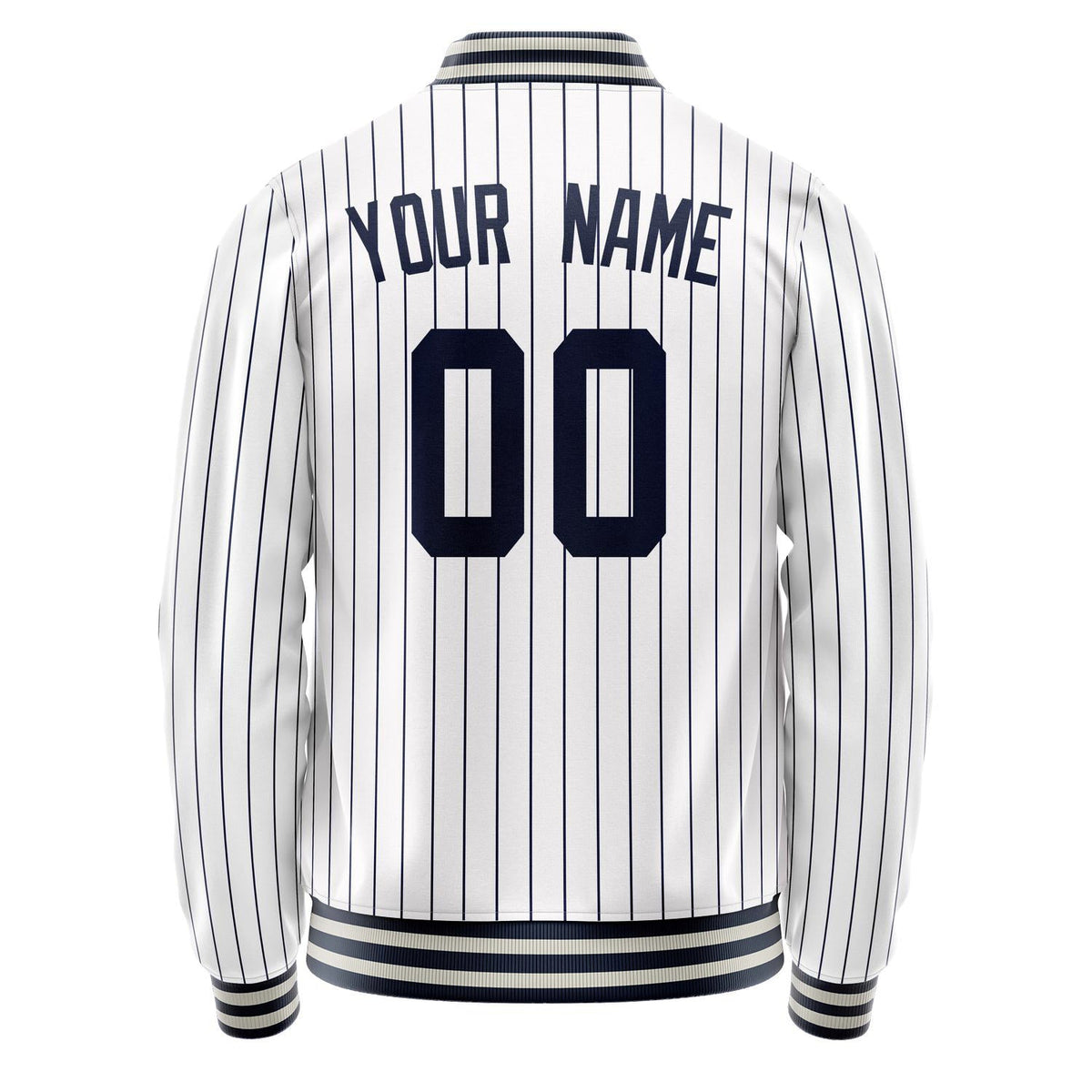 Custom White Navy Navy Pinstripe Varsity Letterman Jacket JA02240617JC478