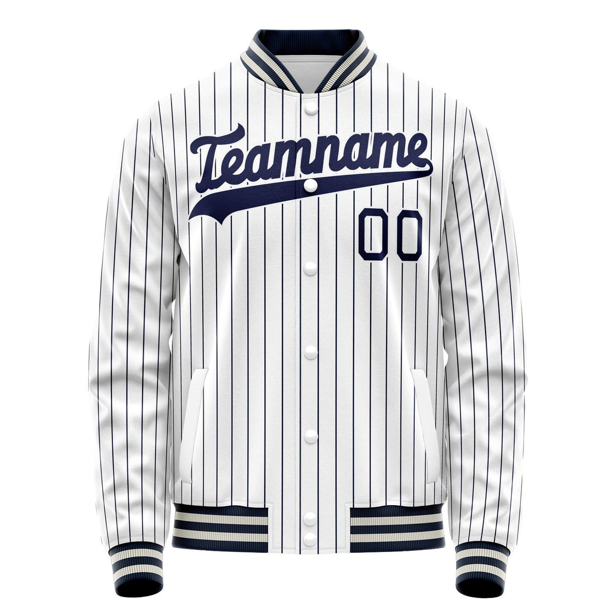 Custom White Navy Navy Pinstripe Varsity Letterman Jacket JA02240617JC478