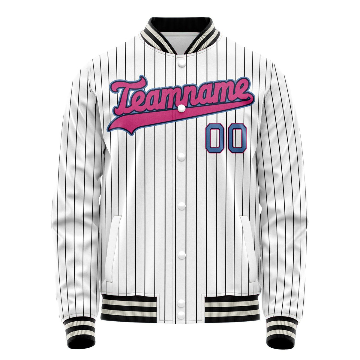 Custom White Pink Black Pinstripe Varsity Letterman Jacket JA02240617JC489