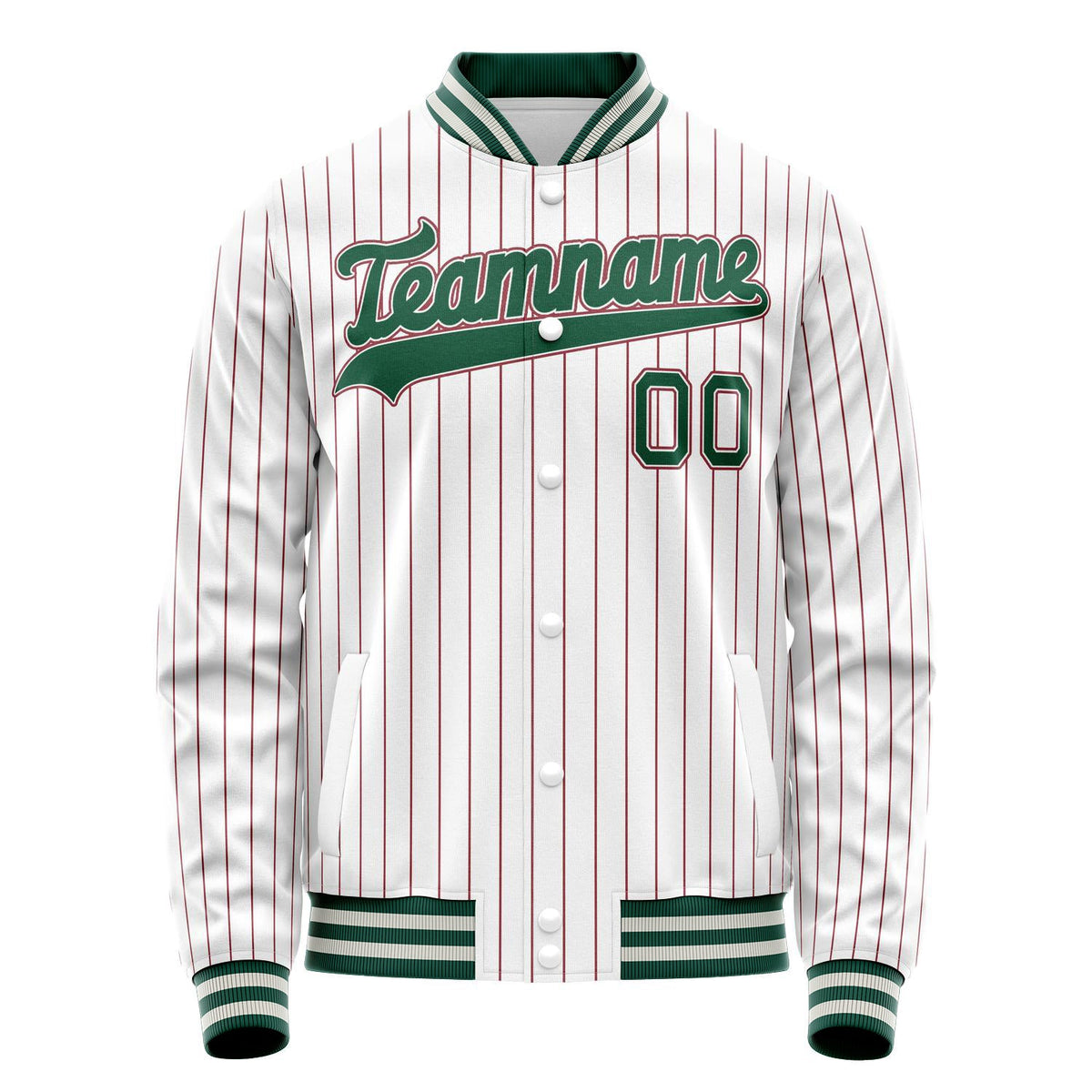 Custom White Kelly-Green Red Pinstripe Varsity Letterman Jacket JA02240617JC491