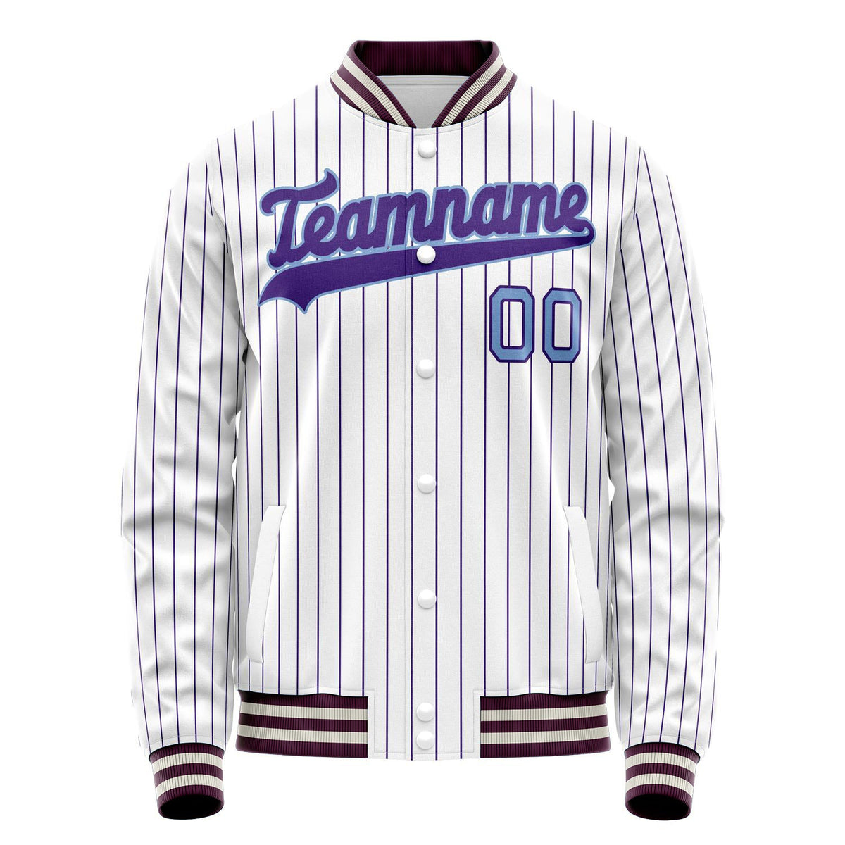 Custom White Purple Purple Pinstripe Varsity Letterman Jacket JA02240617JC493