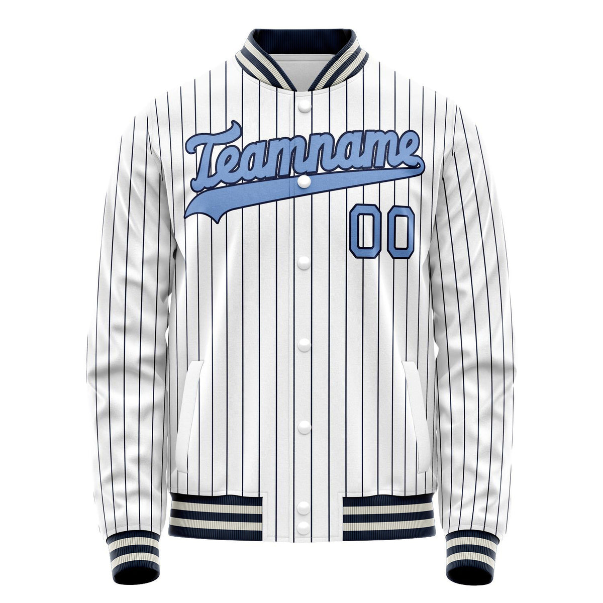 Custom White Light-Blue Navy Pinstripe Varsity Letterman Jacket JA02240617JC496