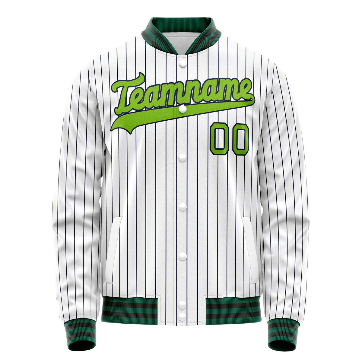 Custom White Neon-Green Black Pinstripe Varsity Letterman Jacket JA02240617JC500