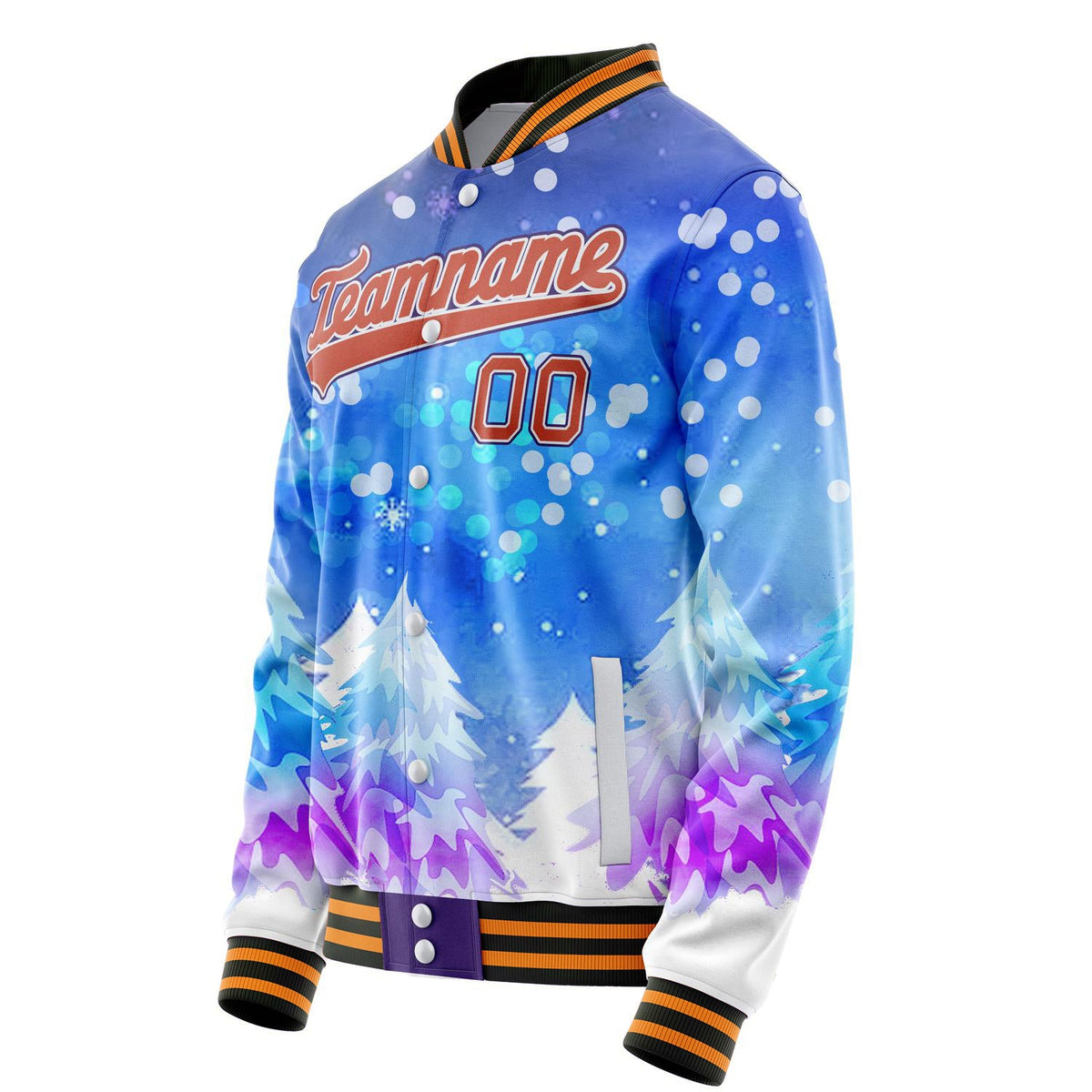 Custom Purple Orange 3D Pattern Watercolor Winter Landscape Varsity Letterman Jacket JA02240617KZ377