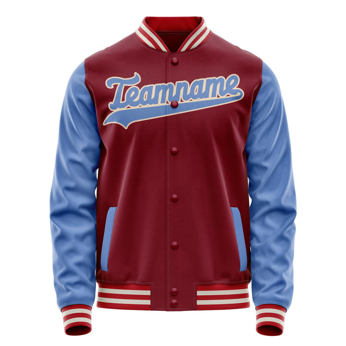 Custom Crimson Light-Blue Solid Color Varsity Letterman Jacket JA02240617KZ528