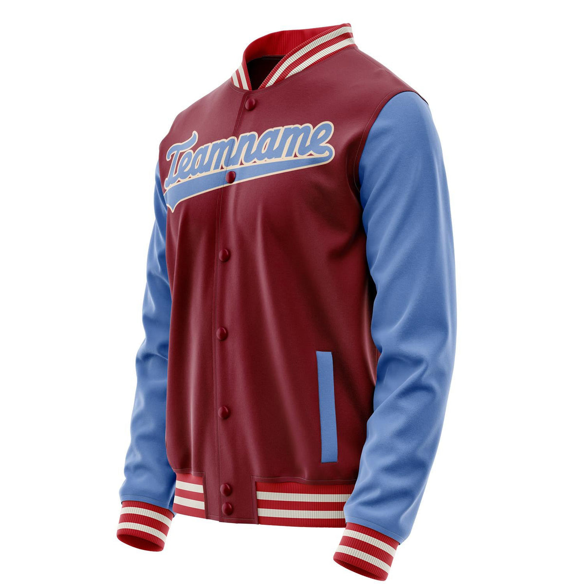 Custom Crimson Light-Blue Solid Color Varsity Letterman Jacket JA02240617KZ528