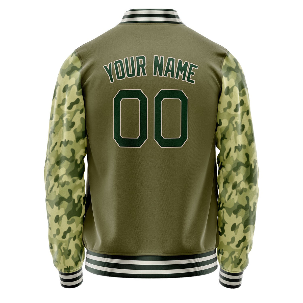 Custom Olive Camo Solid Color Varsity Letterman Jacket JA02240617LH319