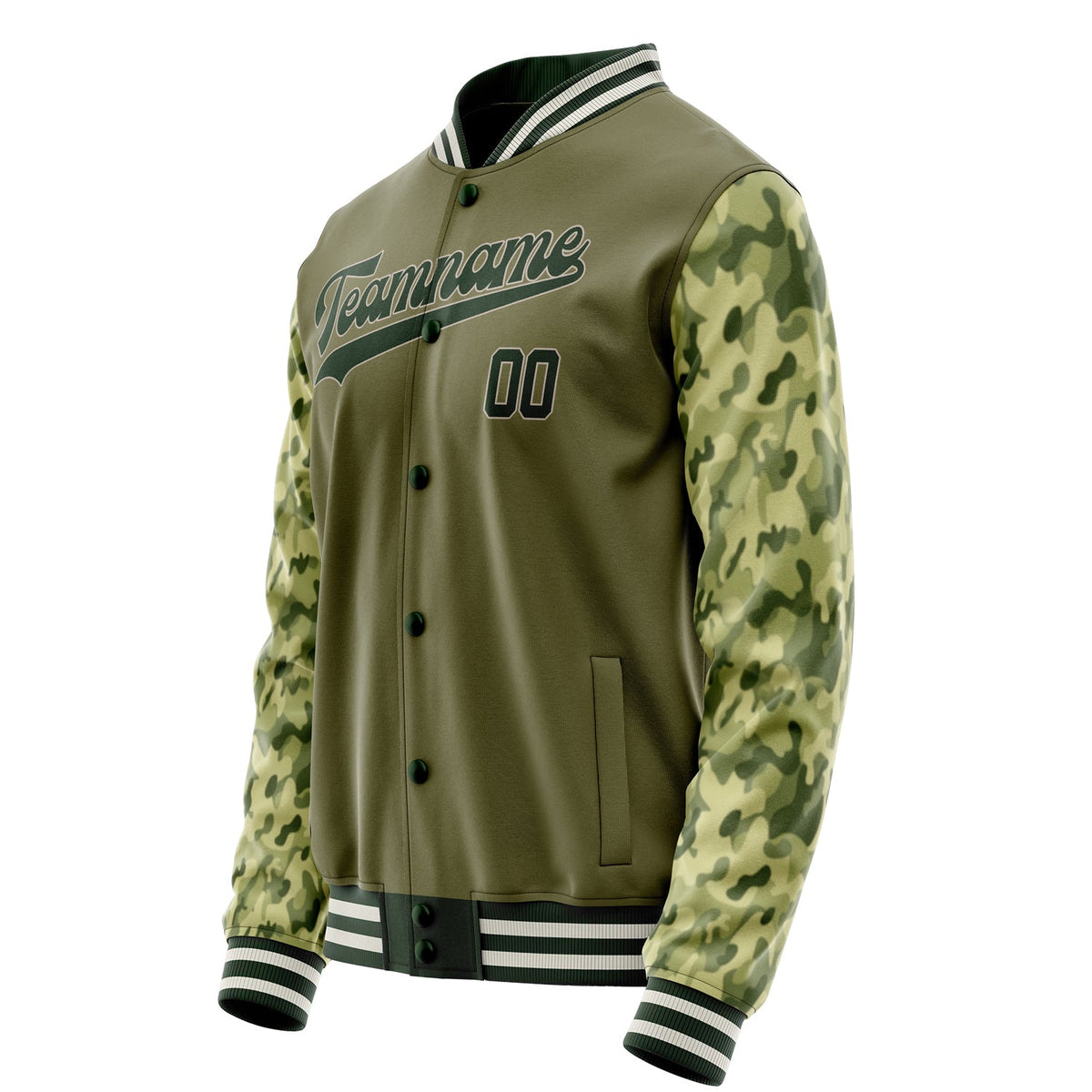 Custom Olive Camo Solid Color Varsity Letterman Jacket JA02240617LH319