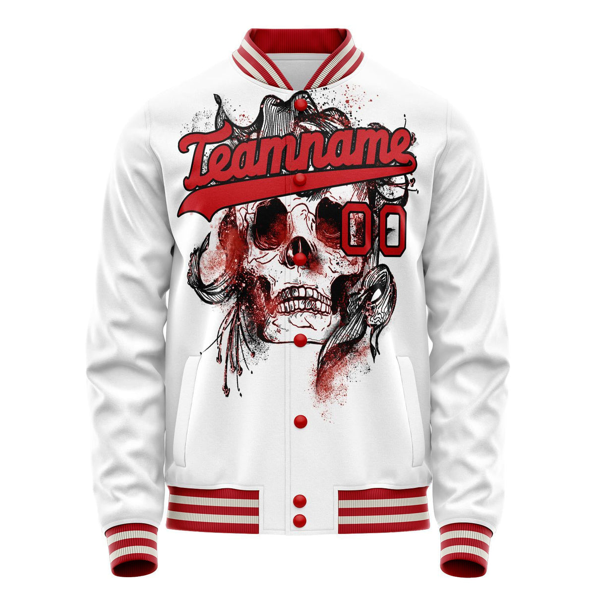 Custom White Red 3D Pattern Skull Varsity Letterman Jacket JA02240617LH453