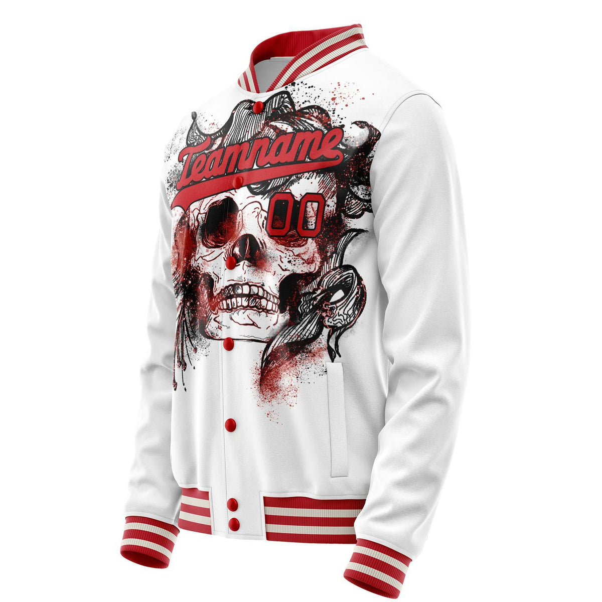 Custom White Red 3D Pattern Skull Varsity Letterman Jacket JA02240617LH453