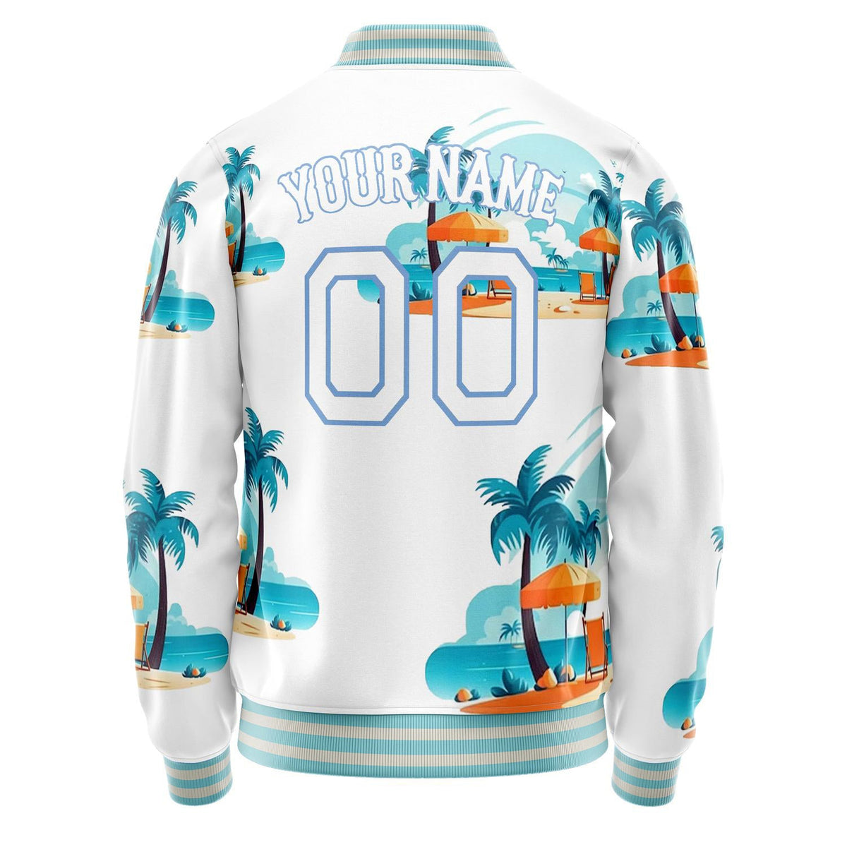 Custom White Light-Blue 3D Pattern Hawaiian Palm Tree Flamingo Varsity Letterman Jacket JA02240617LH456