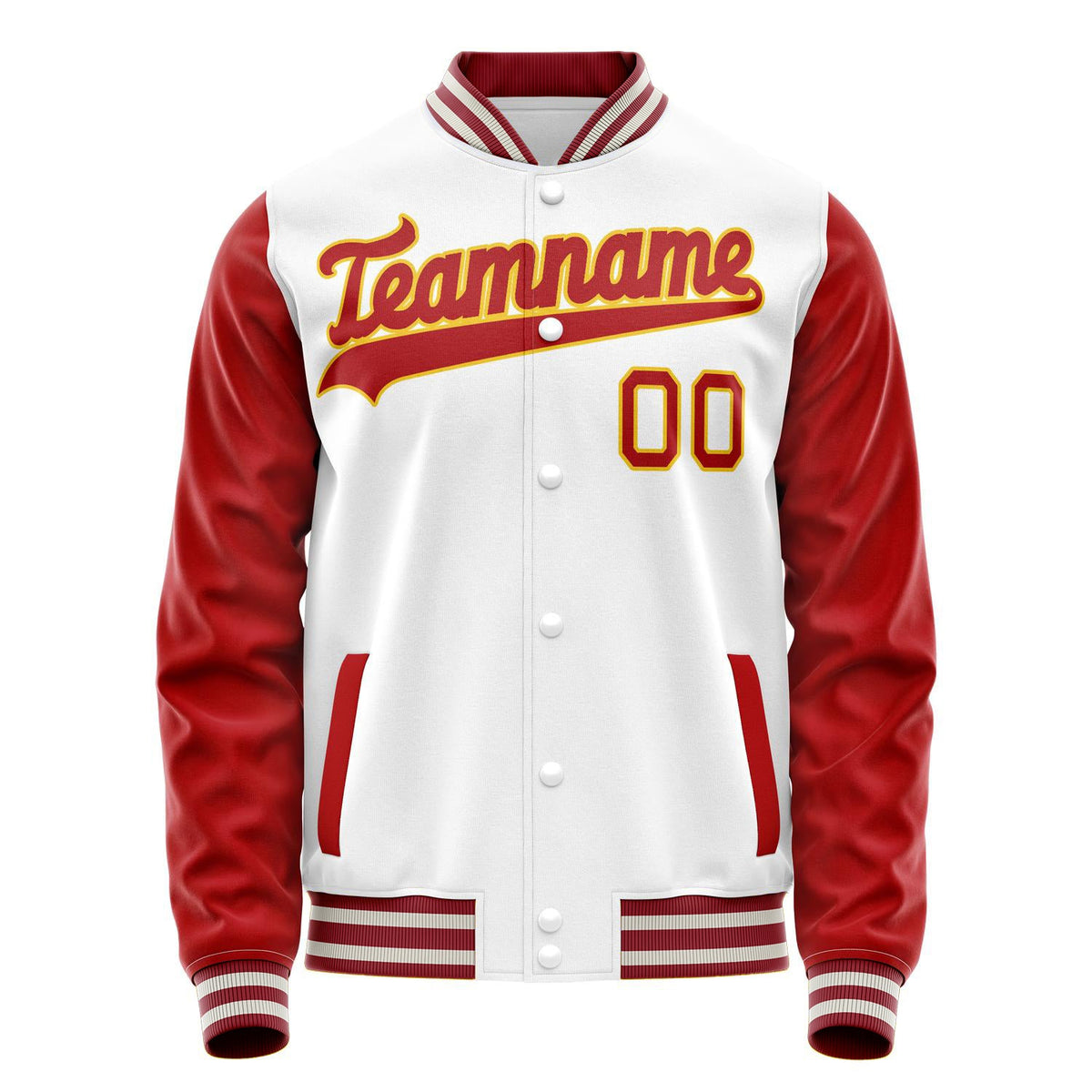 Custom White Red Solid Color Varsity Letterman Jacket JA02240617LH476