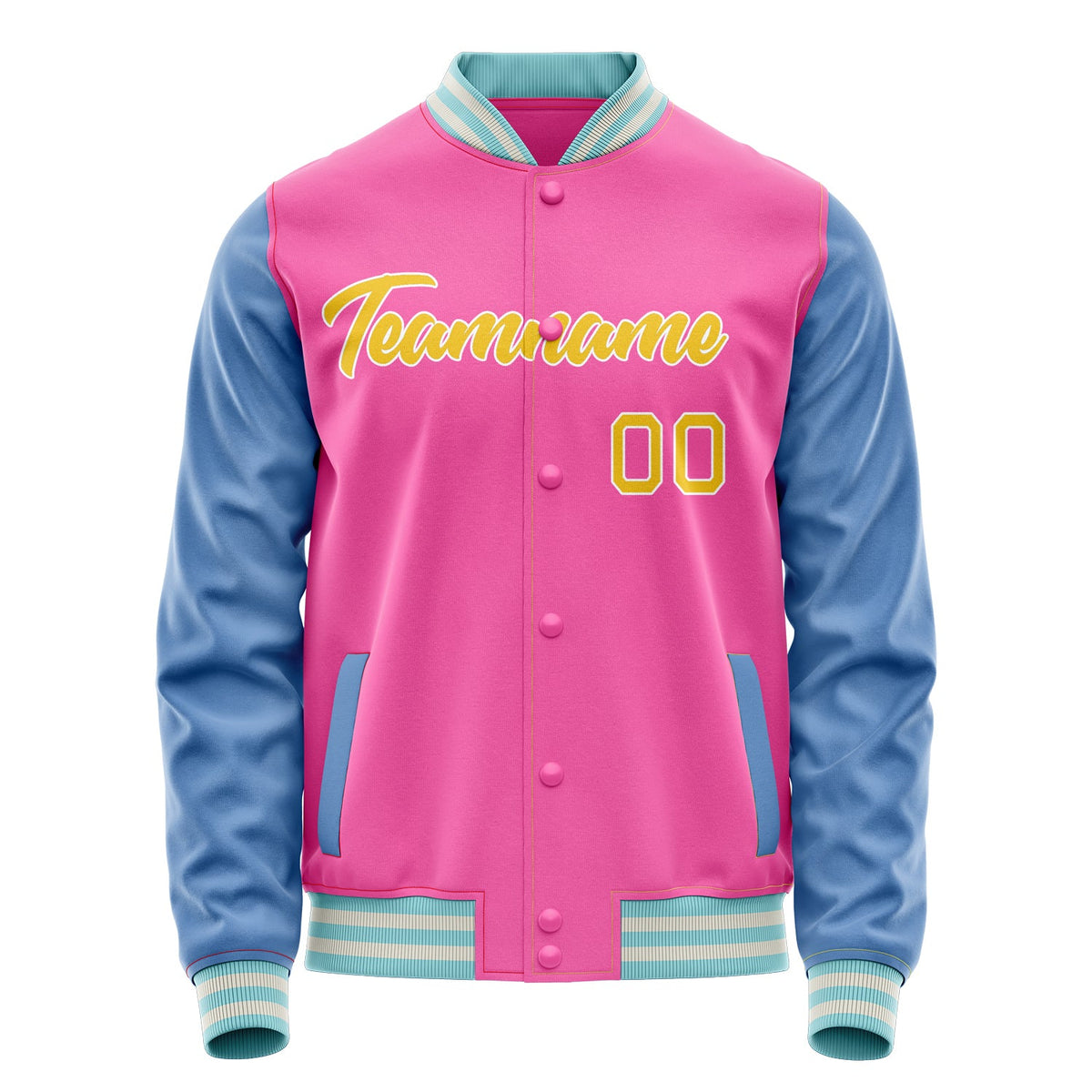 Custom Pink Light-Blue Solid Color Varsity Letterman Jacket JA02240617SH302