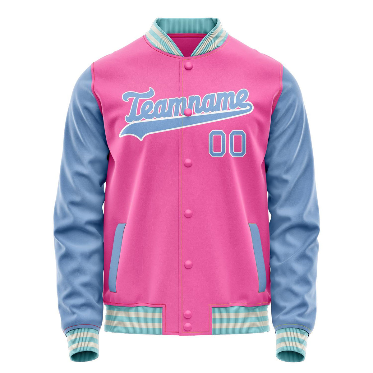 Custom Pink Light-Blue Solid Color Varsity Letterman Jacket JA02240617SH320