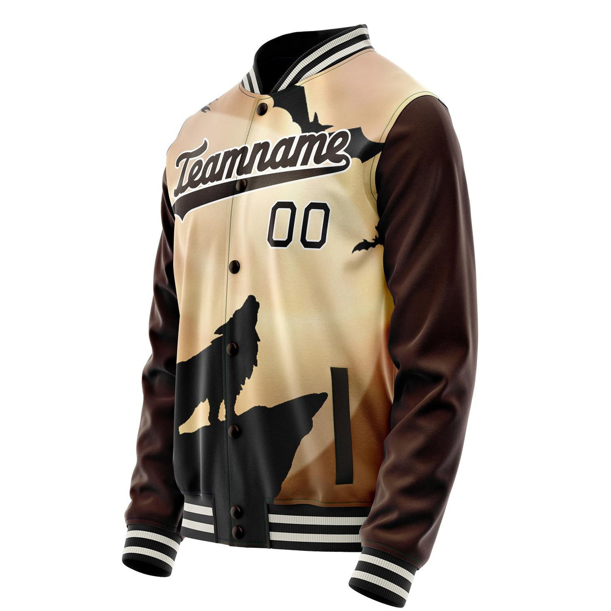 Custom Brown Black Wolf Fullmoon Party 3D Varsity Letterman Jacket JA02240617XF066