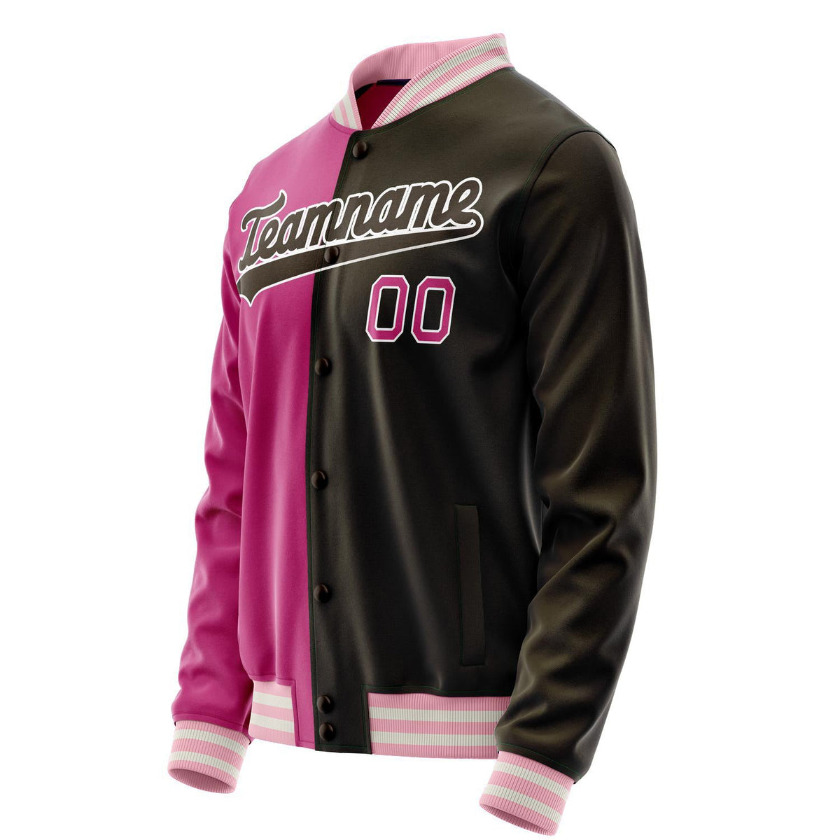 Custom Brown Pink Split Varsity Letterman Jacket JA02240617XF079