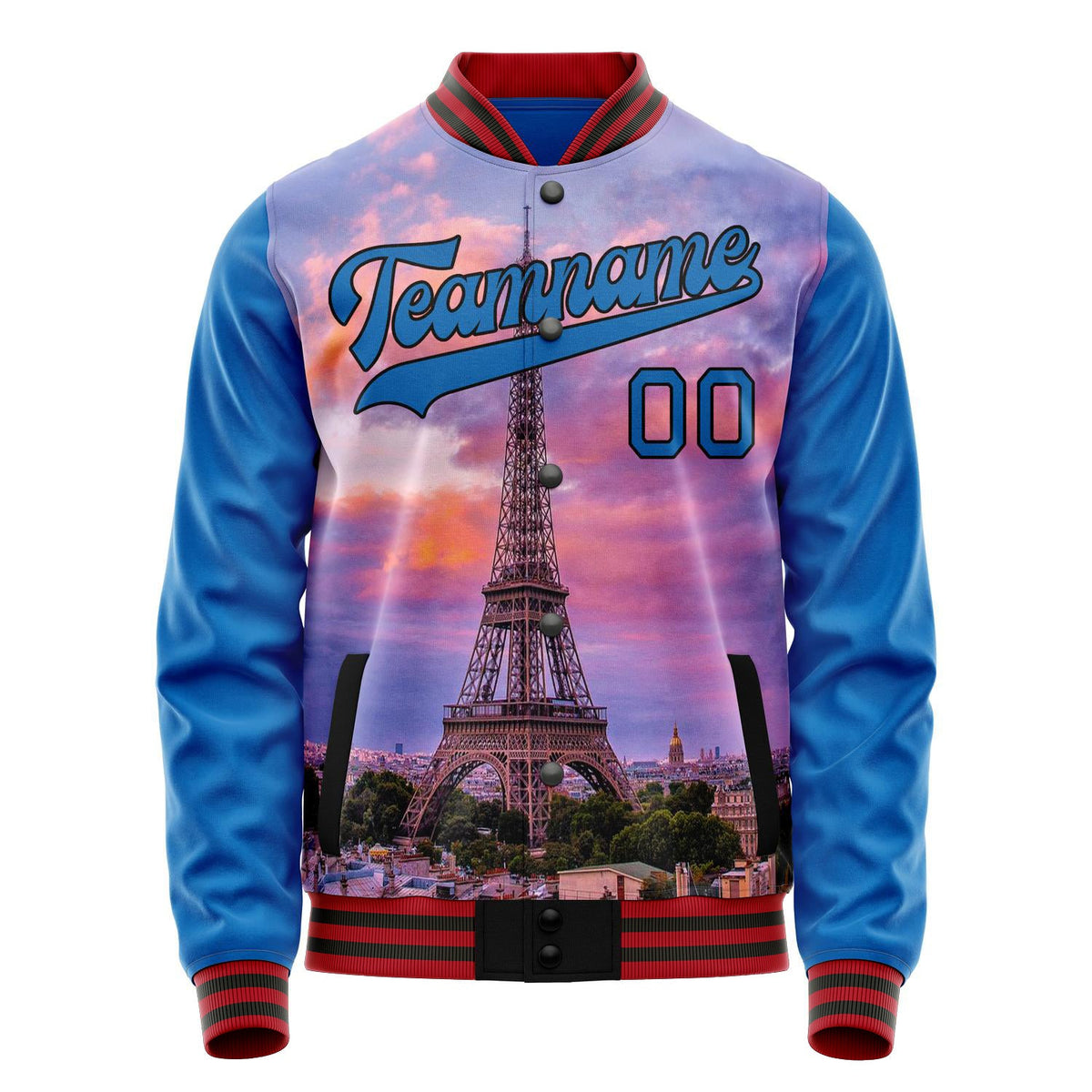 Custom Electric-Blue Black Eiffel Tower 3D Varsity Letterman Jacket JA02240617YH143