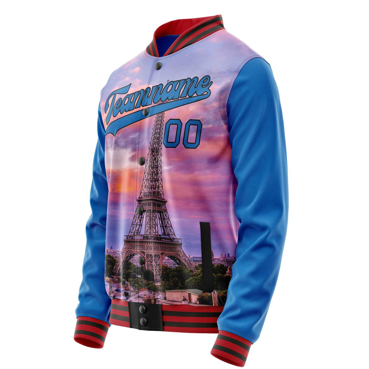 Custom Electric-Blue Black Eiffel Tower 3D Varsity Letterman Jacket JA02240617YH143