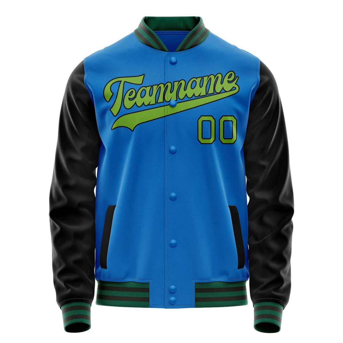 Custom Electric-Blue Neon-Green Solid Color Varsity Letterman Jacket JA02240617YH145