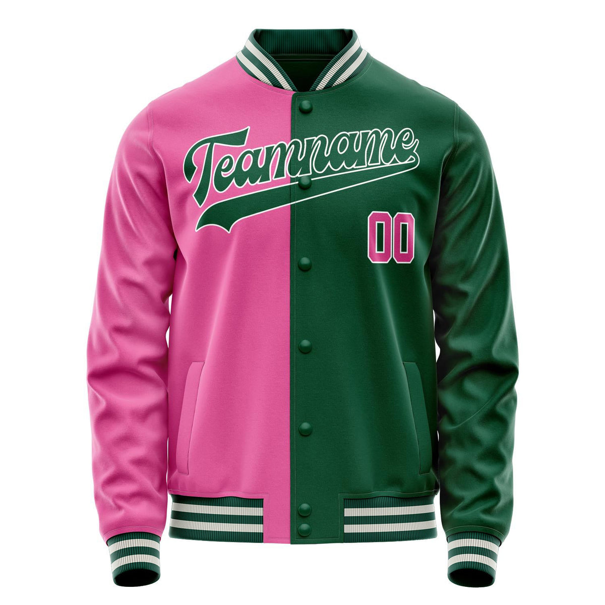 Custom Kelly-Green Pink Split Varsity Letterman Jacket JA02240617ZF208