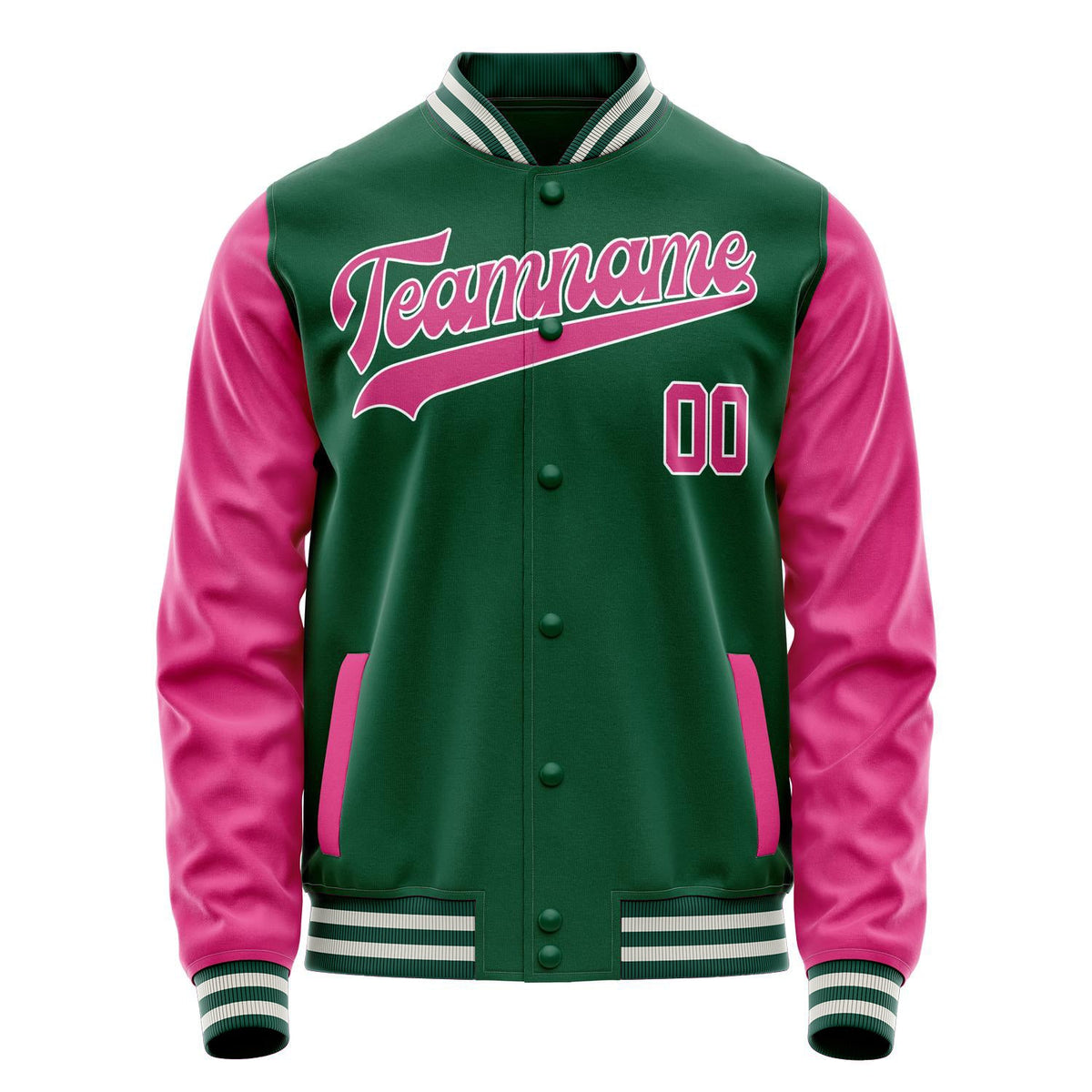 Custom Kelly-Green Pink Solid Color Varsity Letterman Jacket JA02240617ZF232