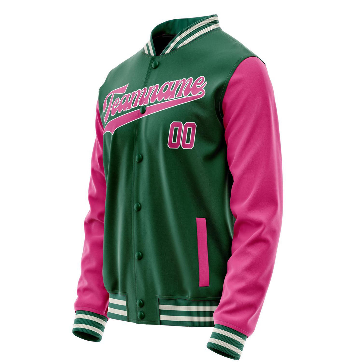 Custom Kelly-Green Pink Solid Color Varsity Letterman Jacket JA02240617ZF232